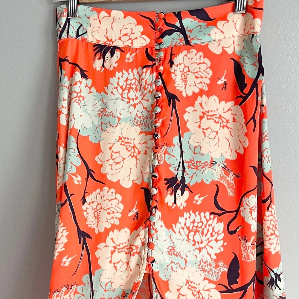 Free People‎ Sammy Button Down Maxi Skirt Orange White Front Slit Size 2